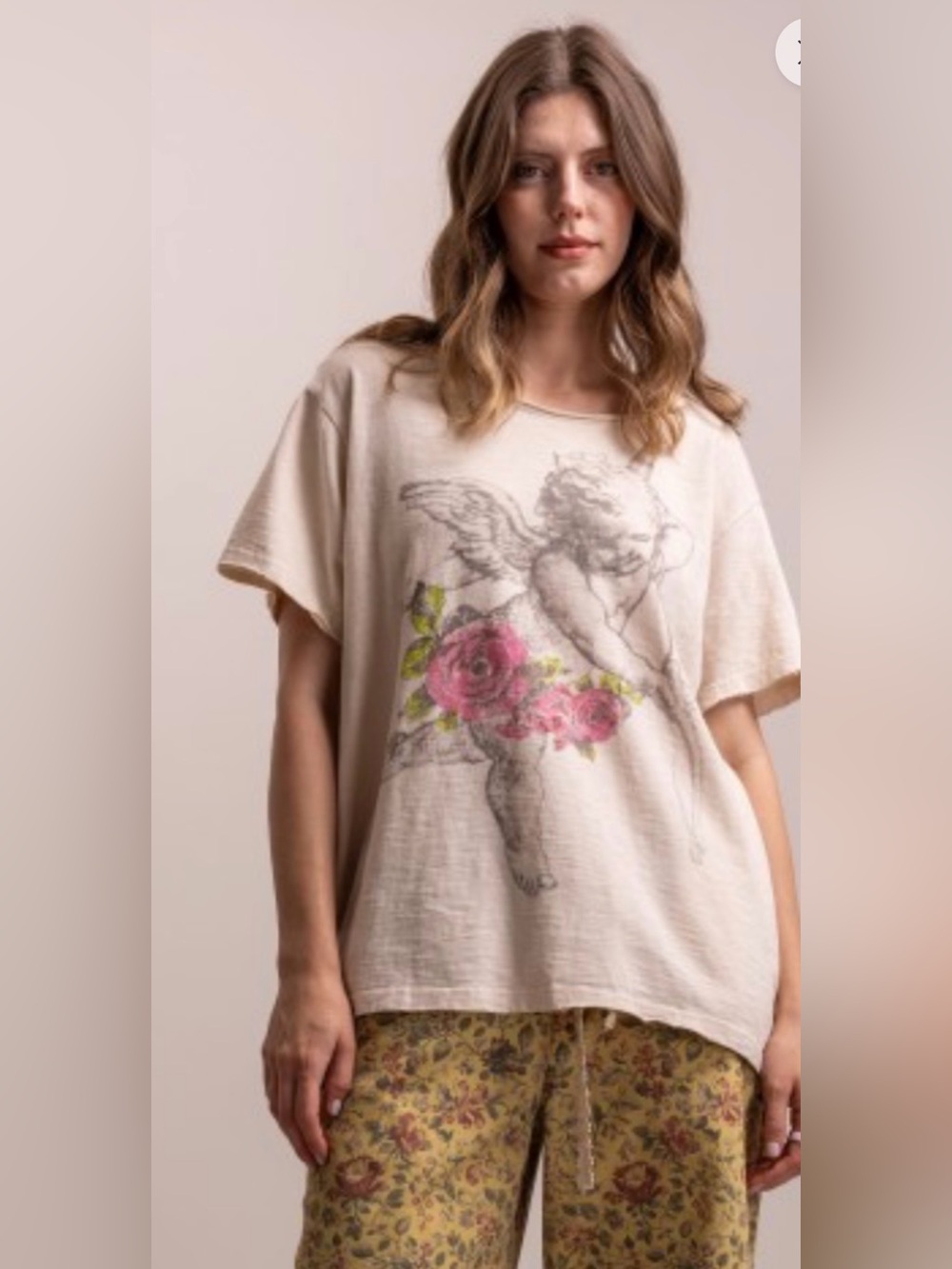 Bluevelvet Relaxed Cream Tee with Pink Rose cherub Graphic